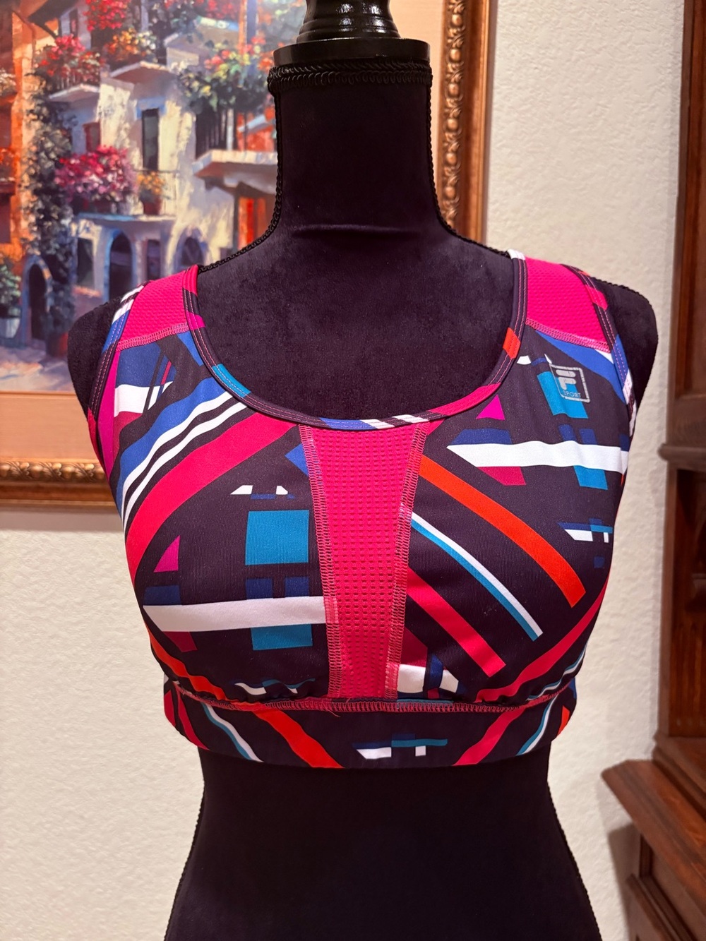 FILA Geometric Racerback Sports Workout Top in Hot Pink, Black & Blue XL